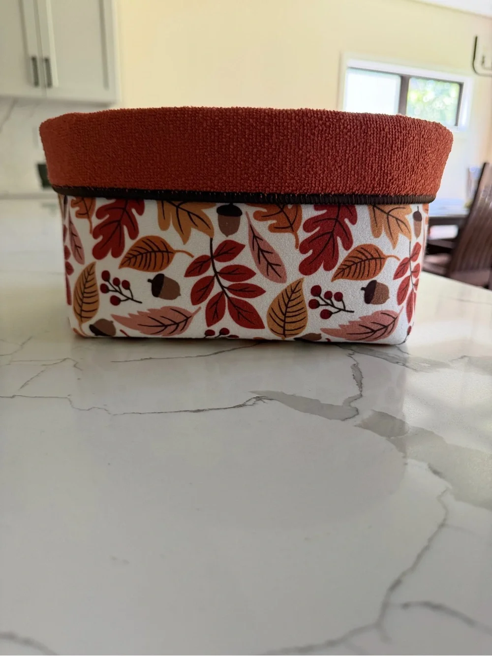 Fabric Storage Basket with Rust Top and Autumn Leaf Print